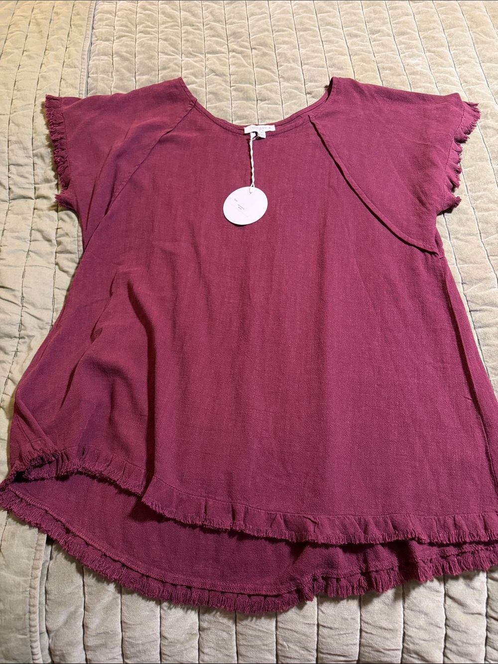 Umgee Frayed Sleeve Layered Hem Blouse - Plum